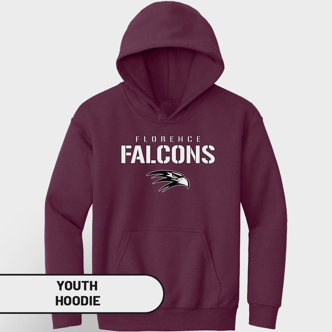 Maroon youth hoodie with "Florence Falcons" logo and eagle graphic.