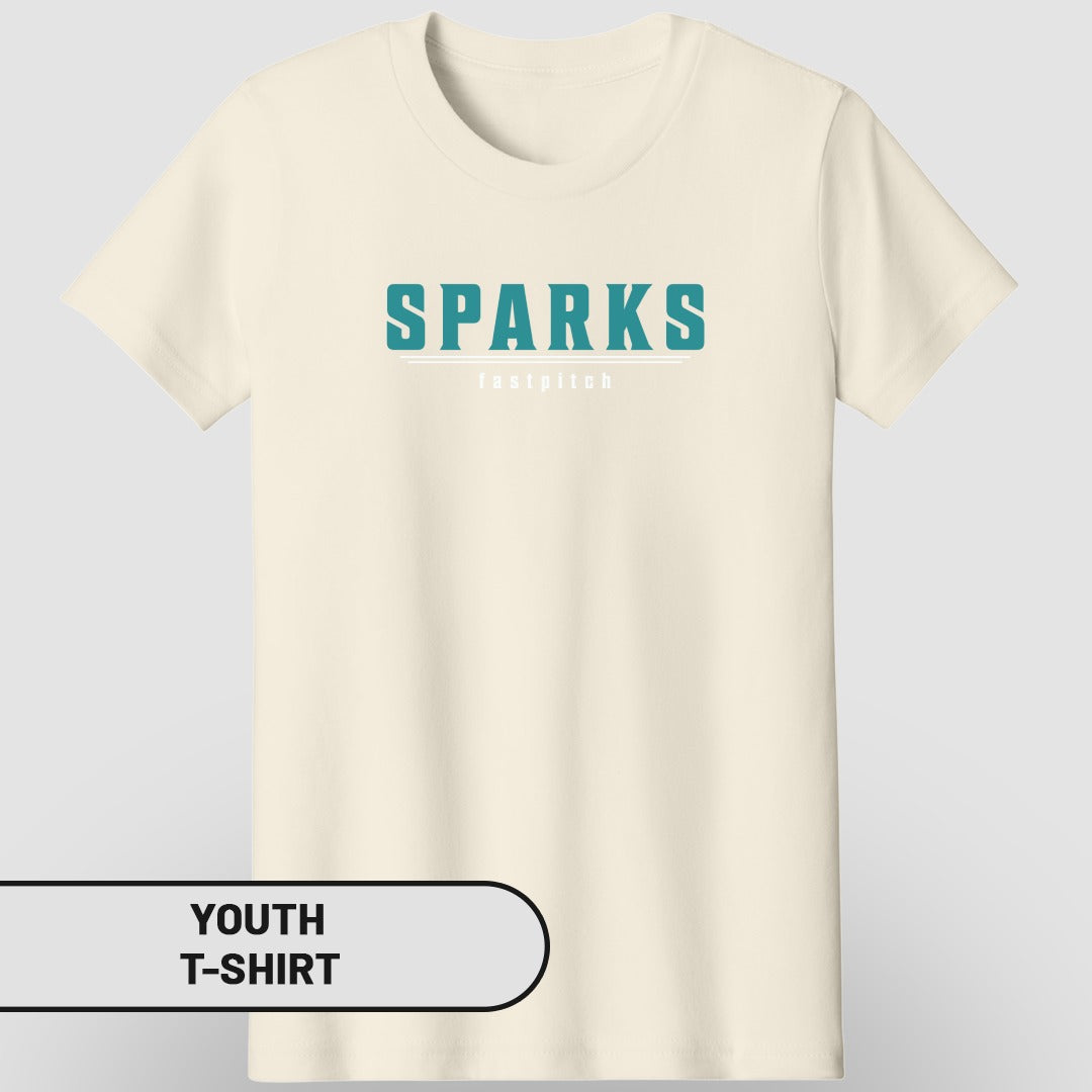 Cream youth t-shirt with "SPARKS fastpitch" text in teal.
