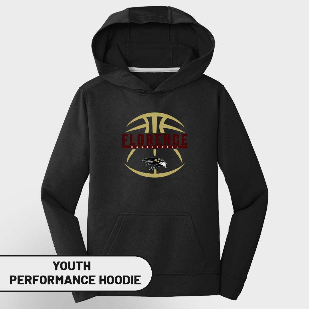 Black youth performance hoodie with Florence basketball logo and eagle graphic.