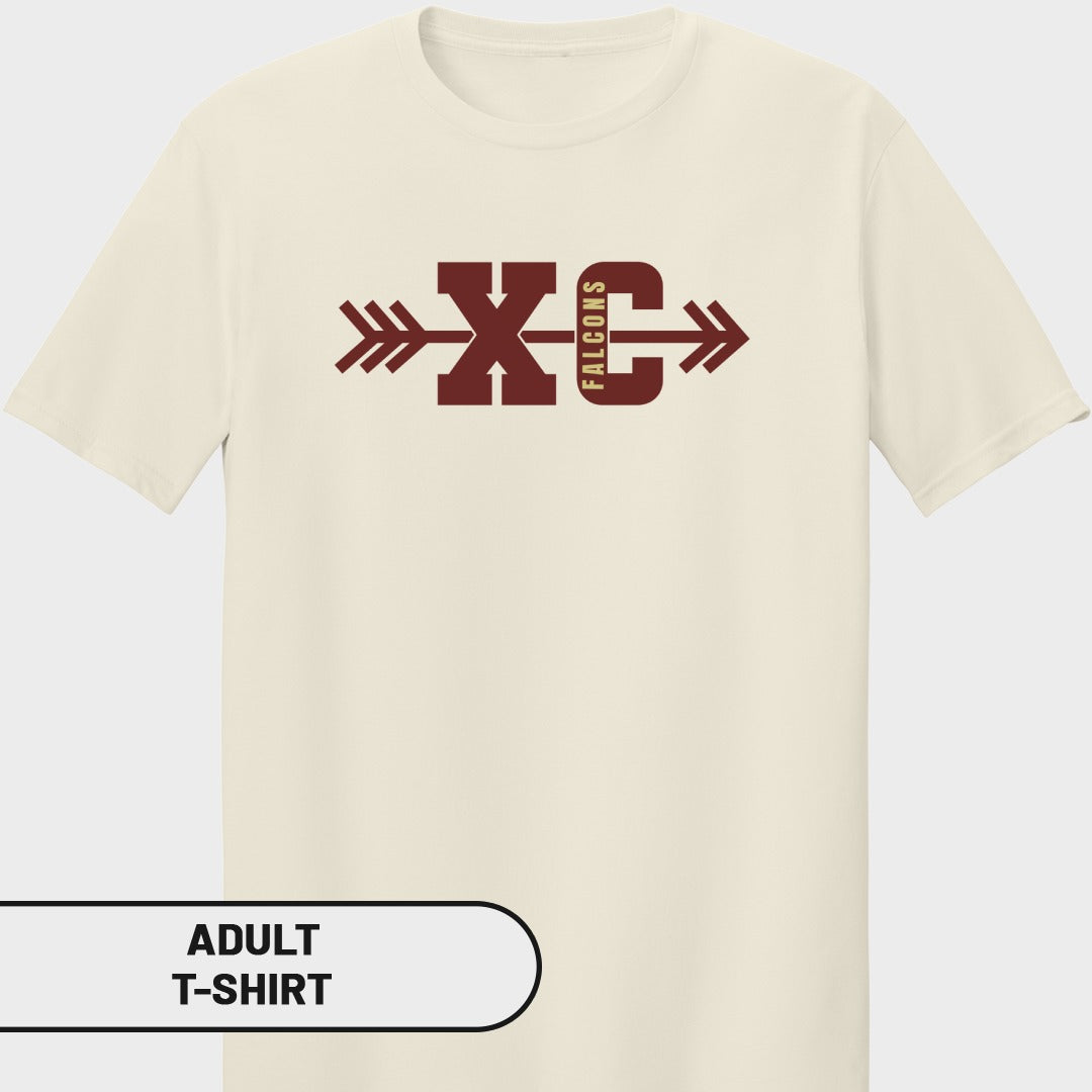 Cream adult t-shirt with maroon "XC FALCONS" arrow graphic.