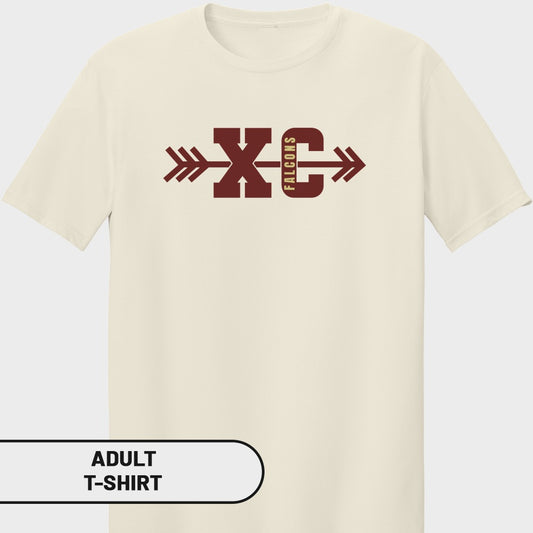 Cream adult t-shirt with maroon "XC FALCONS" arrow graphic.
