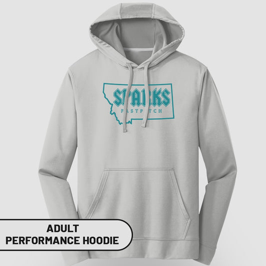 Grey adult performance hoodie with teal Montana map and "Sparks Fastpitch" text.