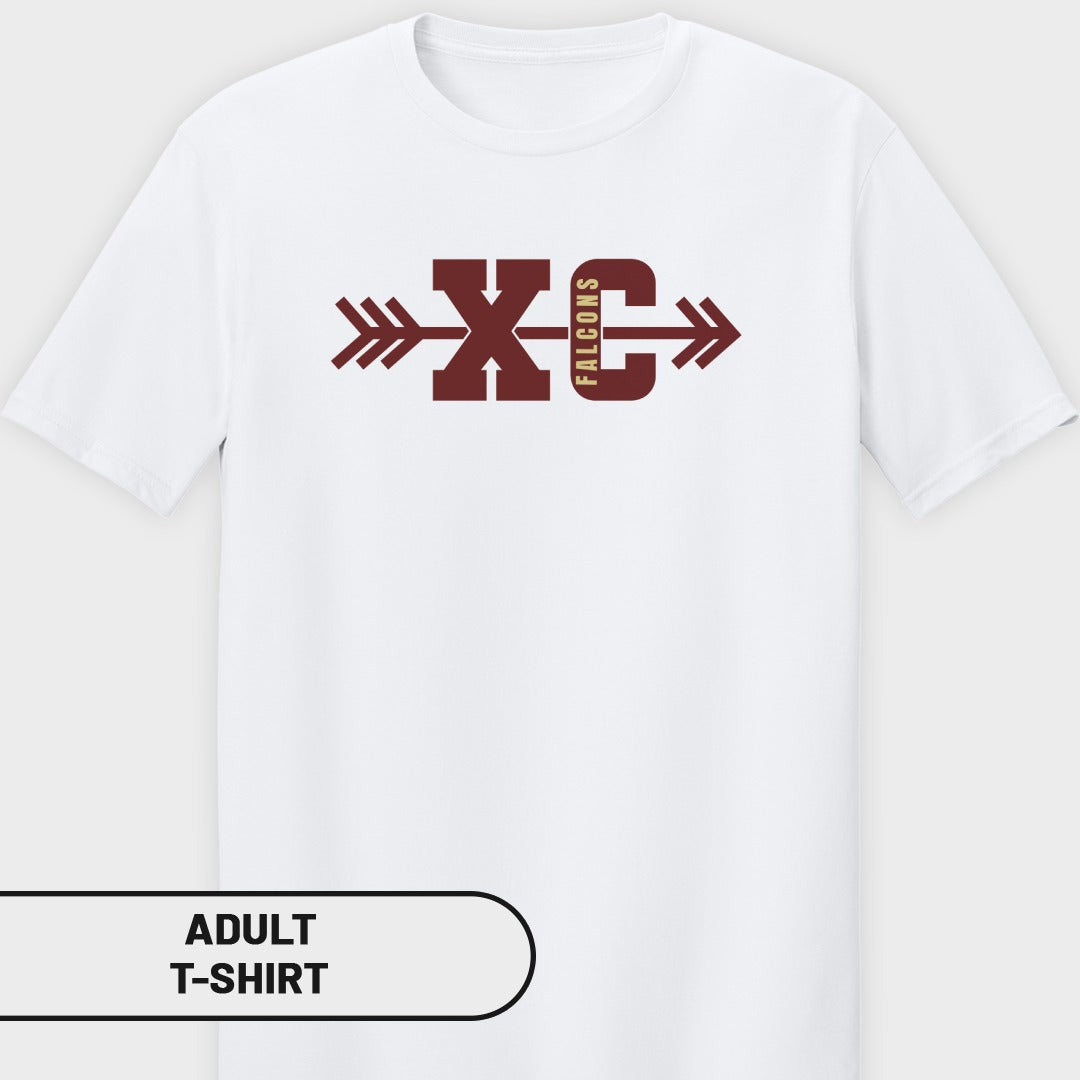 White adult t-shirt with maroon "XC Falcons" logo and arrow design.