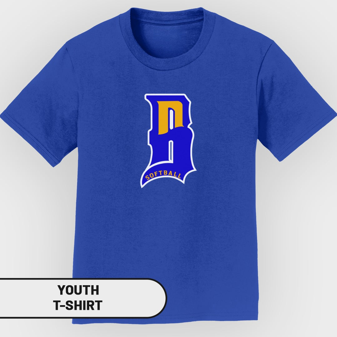 Royal blue youth t-shirt with yellow and blue "SB" softball logo.