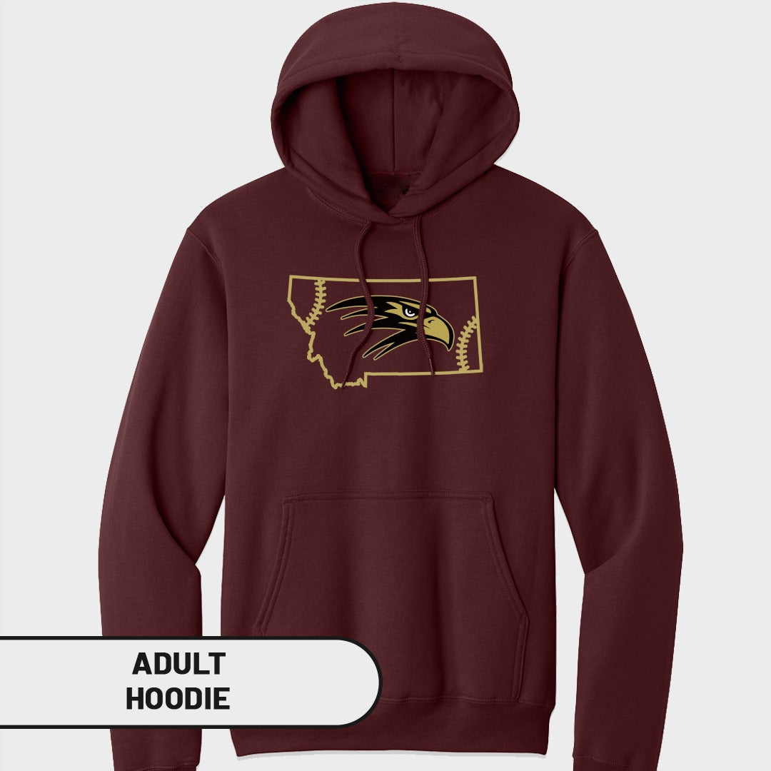 Maroon adult hoodie with Montana outline featuring a baseball and eagle graphic.