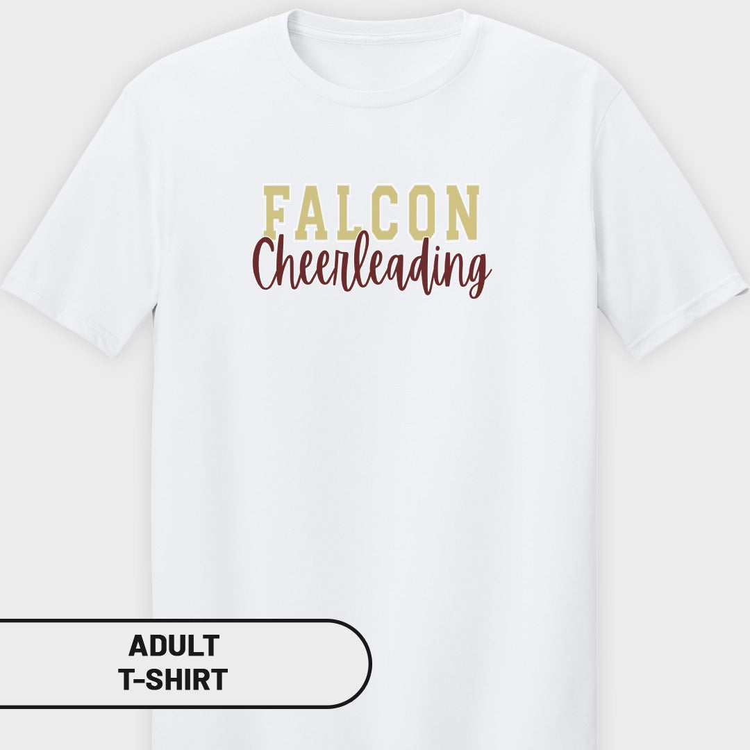 White adult t-shirt with "FALCON Cheerleading" text in gold and burgundy.