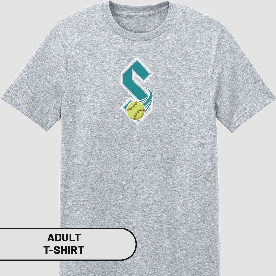Grey adult t-shirt with a stylized S and softball logo.