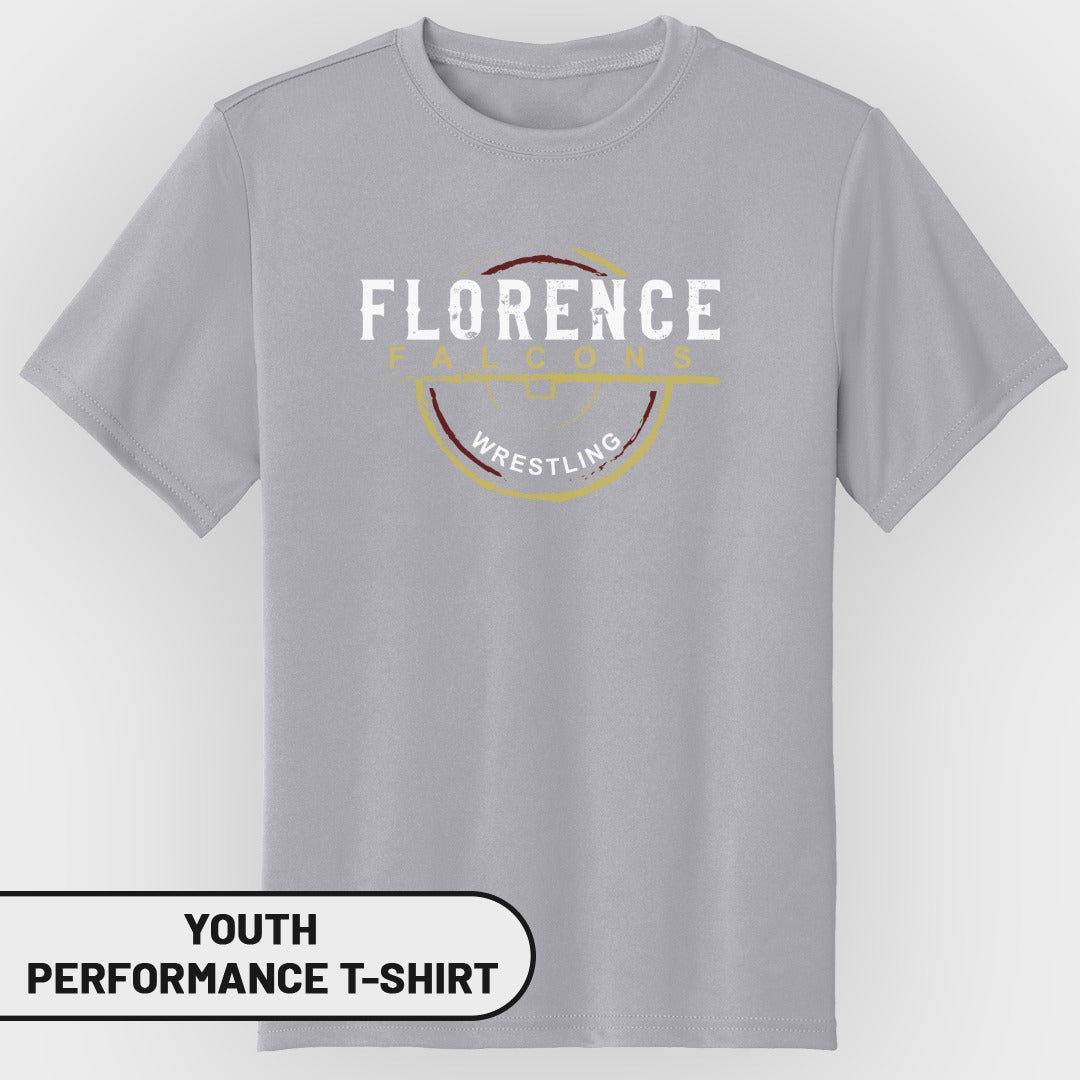 Youth grey performance t-shirt with Florence Falcons Wrestling graphic.