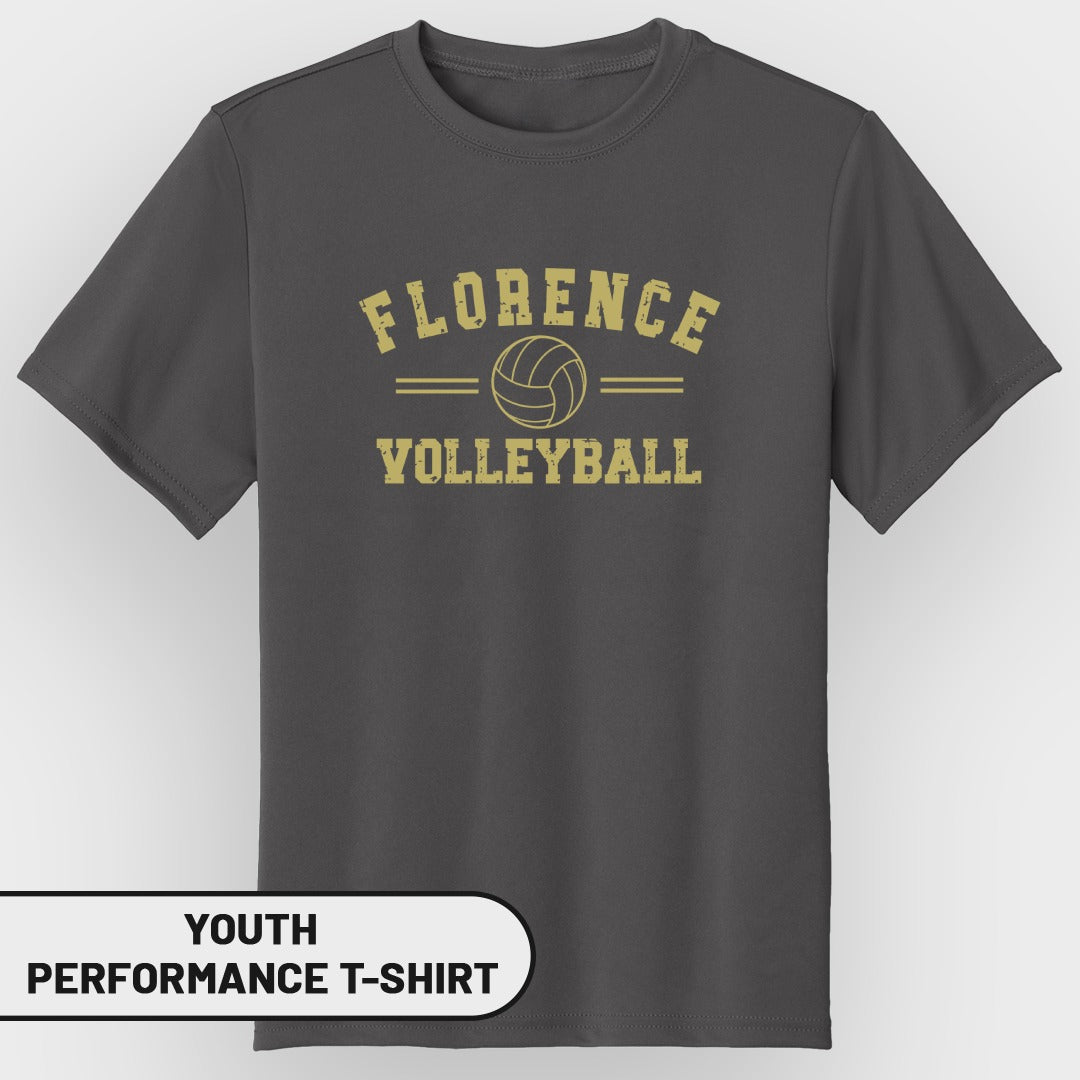 Youth dark grey t-shirt with "Florence Volleyball" and a volleyball graphic.
