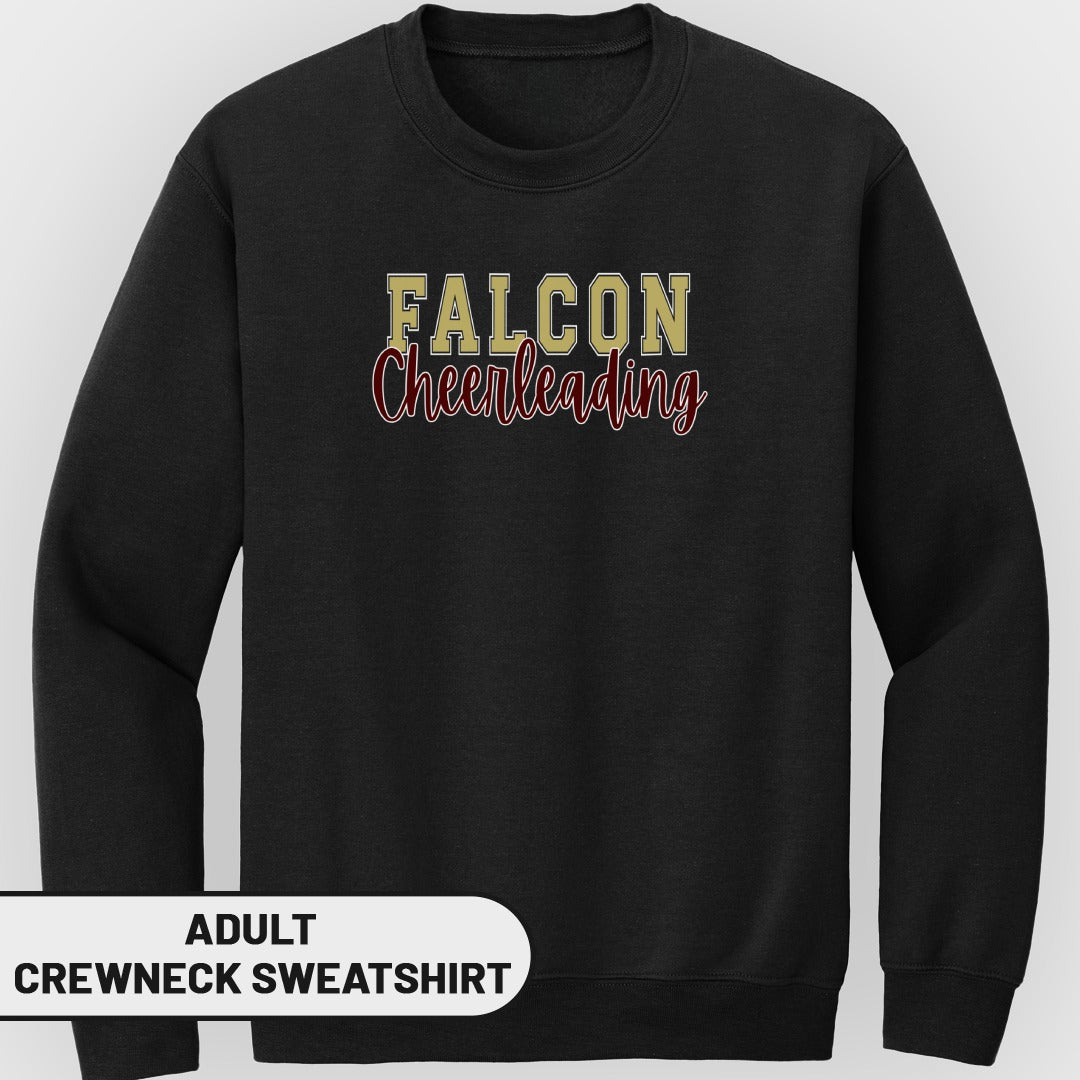 Adult black crewneck sweatshirt with "FALCON Cheerleading" text.