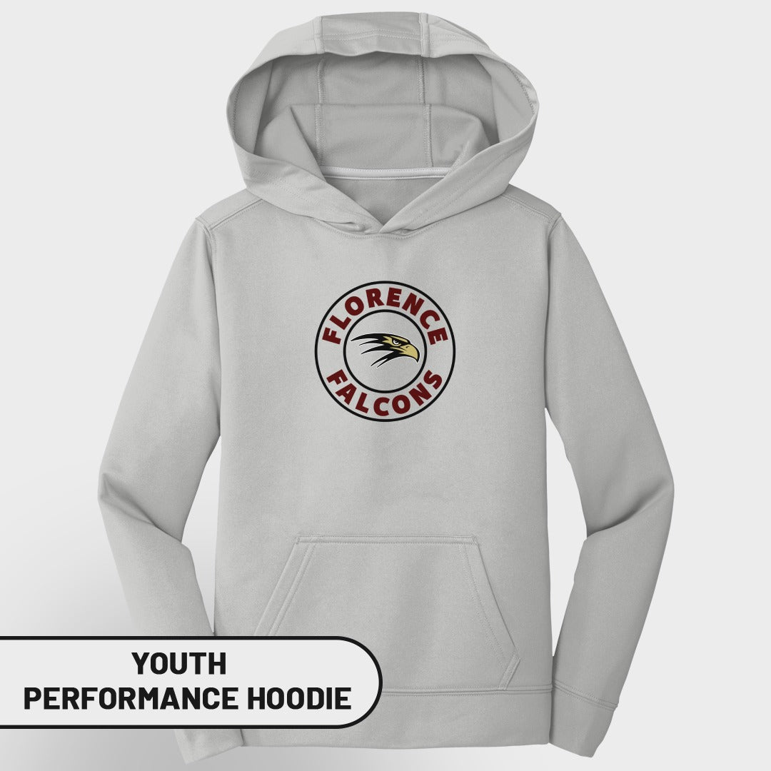 Light gray youth performance hoodie with Florence Falcons logo.