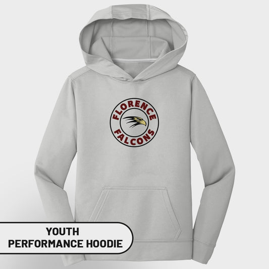 Light gray youth performance hoodie with Florence Falcons logo.