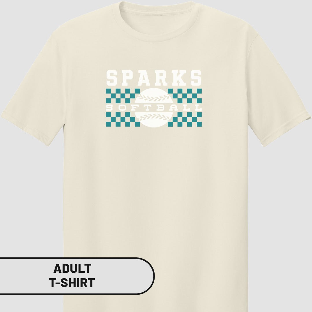 Cream t-shirt with "SPARKS SOFTBALL" text and checkered softball pattern.