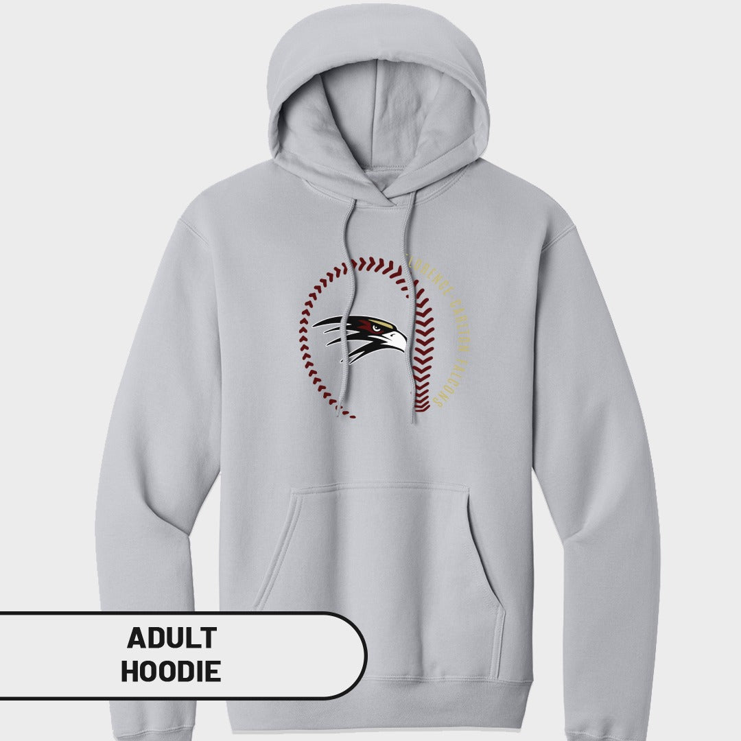 Light grey adult hoodie with baseball stitching and hawk logo.