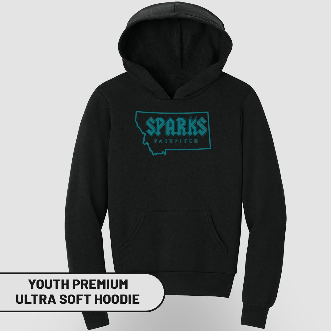 Black youth hoodie with "Sparks Fastpitch Montana" logo.