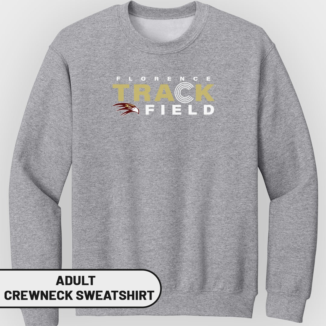 Grey adult crewneck sweatshirt with "Florence Track Field" and a hawk logo.