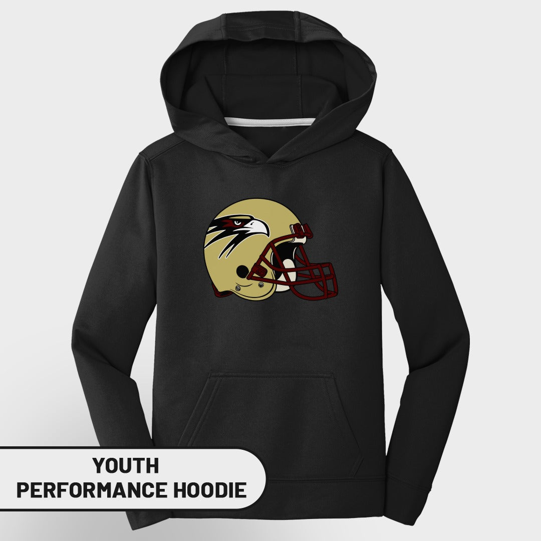 Black youth performance hoodie with gold and maroon eagle football helmet graphic.