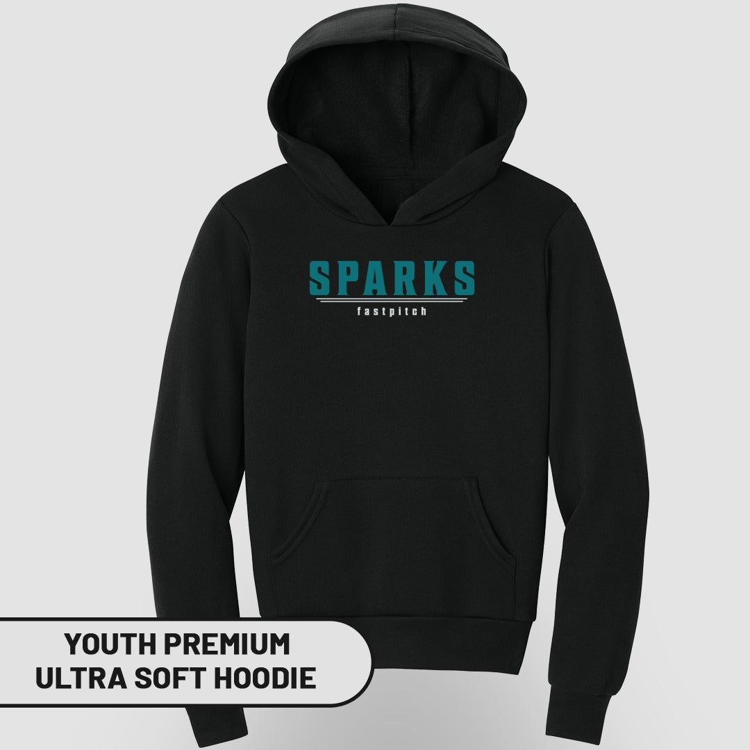Black youth hoodie with "SPARKS fastpitch" printed on chest.