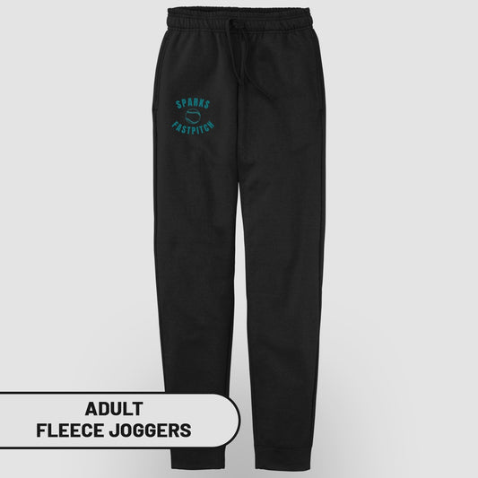 Black adult fleece joggers with "SPARKS FASTPITCH" and a softball logo.