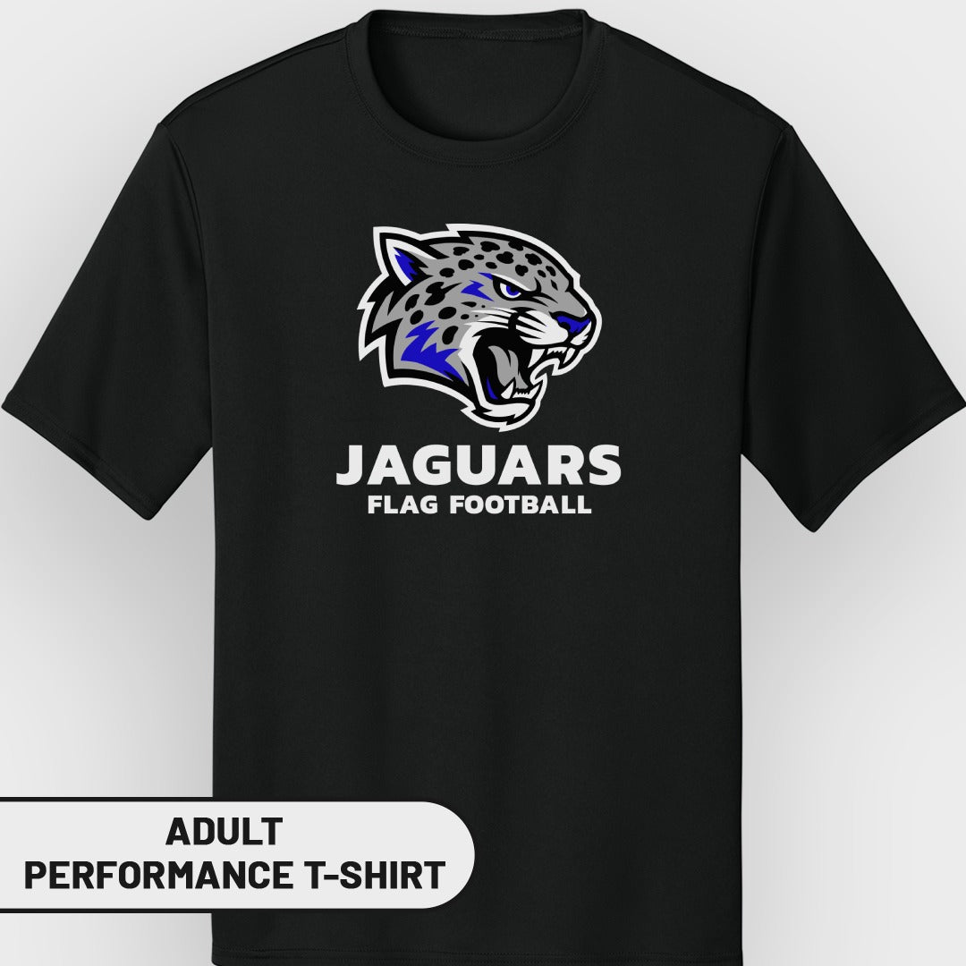 Black adult performance t-shirt with Jaguars flag football logo.