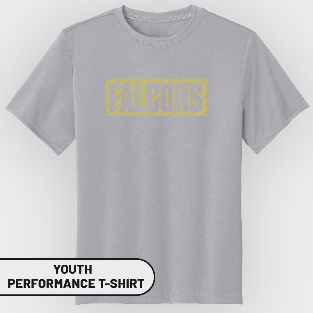 Gray youth performance t-shirt with "FALCONS" text in yellow distressed lettering.