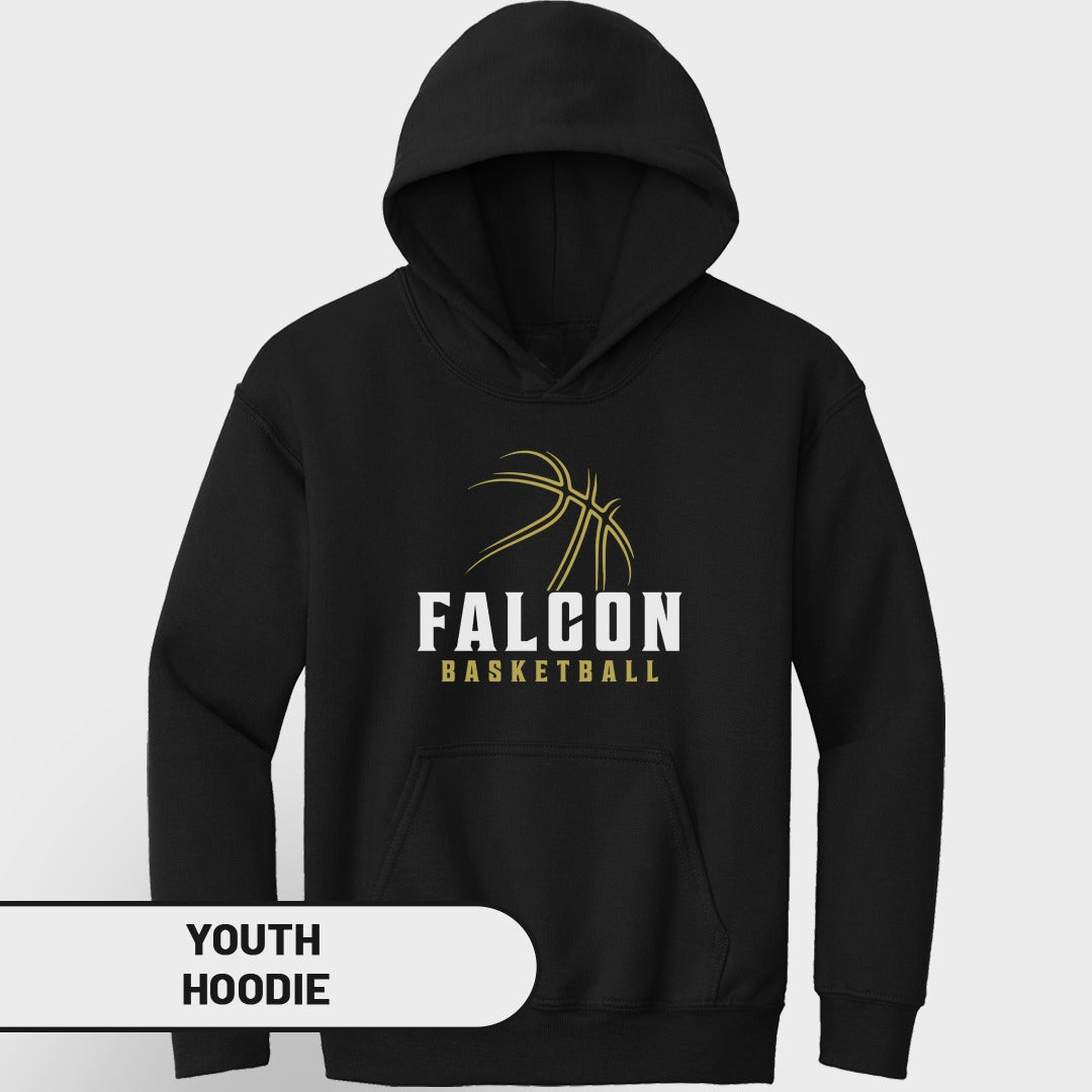 Black youth hoodie with "Falcon Basketball" and a gold basketball graphic.