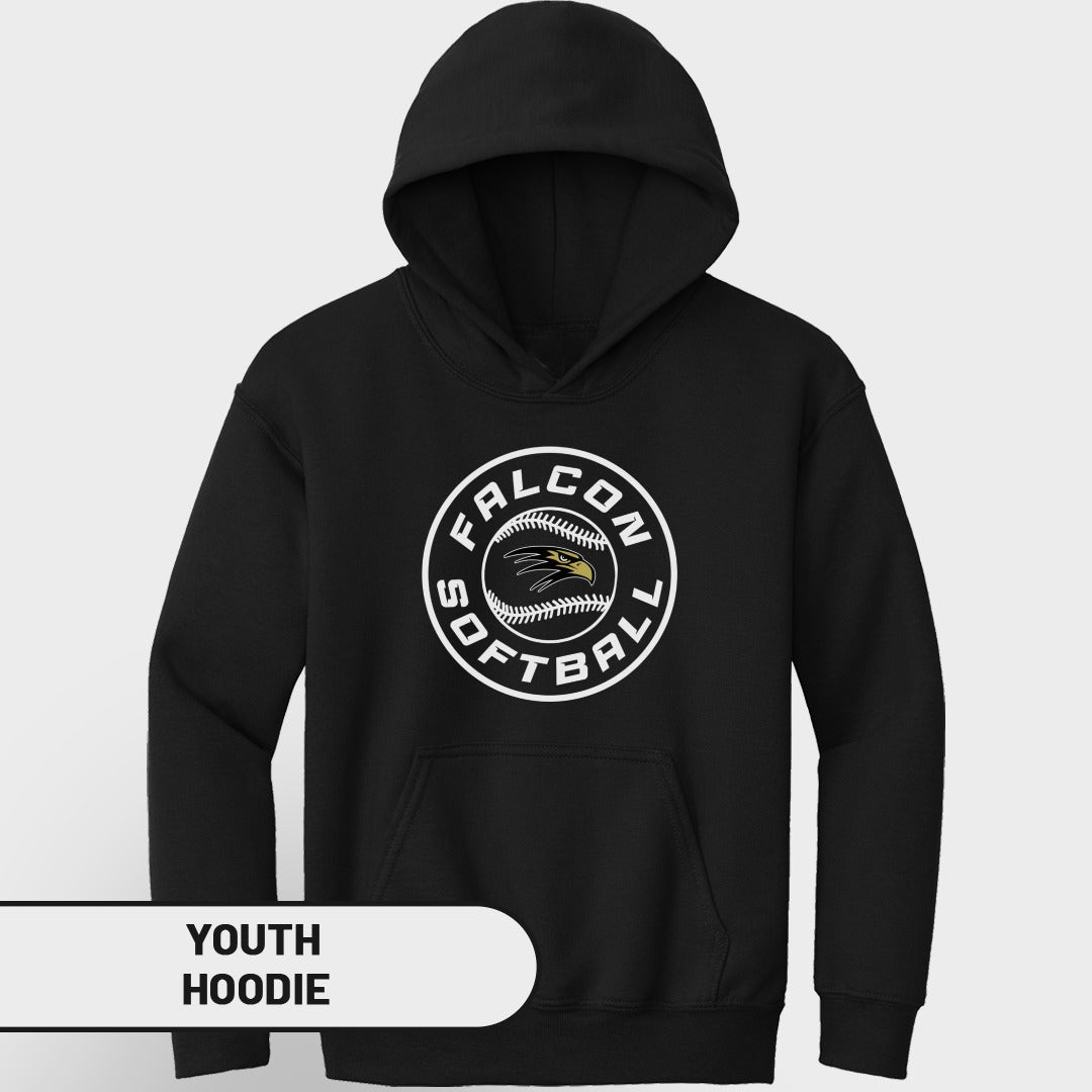 Black youth hoodie with white "Falcon Softball" logo featuring a falcon head and baseball stitches.