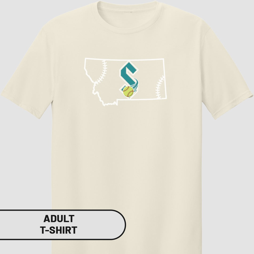 Cream t-shirt with Montana outline and softball logo.