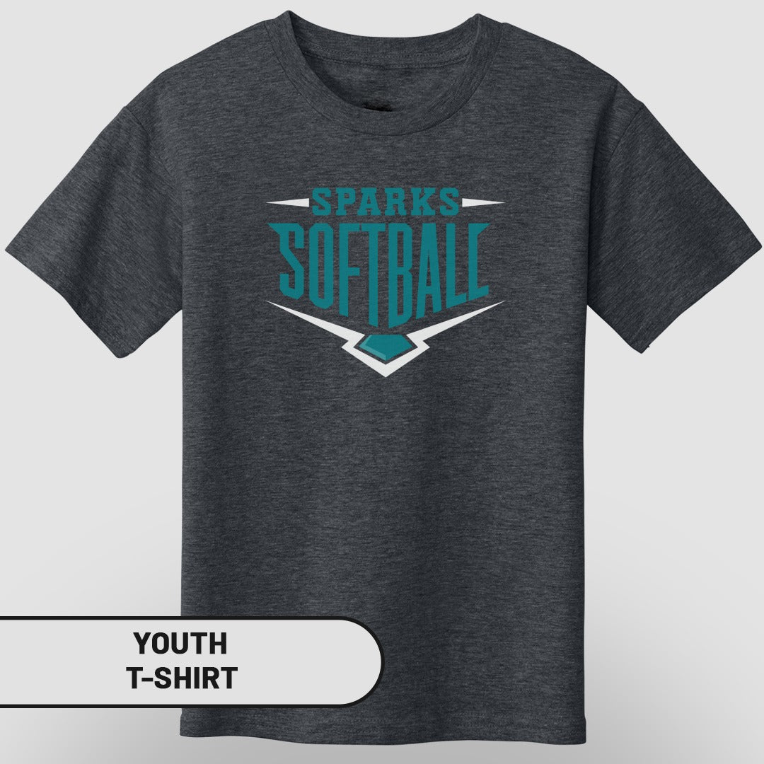 Youth charcoal t-shirt with "Sparks Softball" logo.
