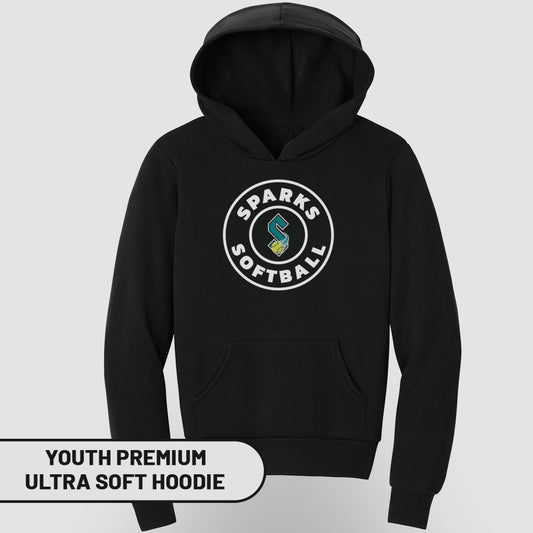 Black youth hoodie with "Sparks Softball" circular logo.