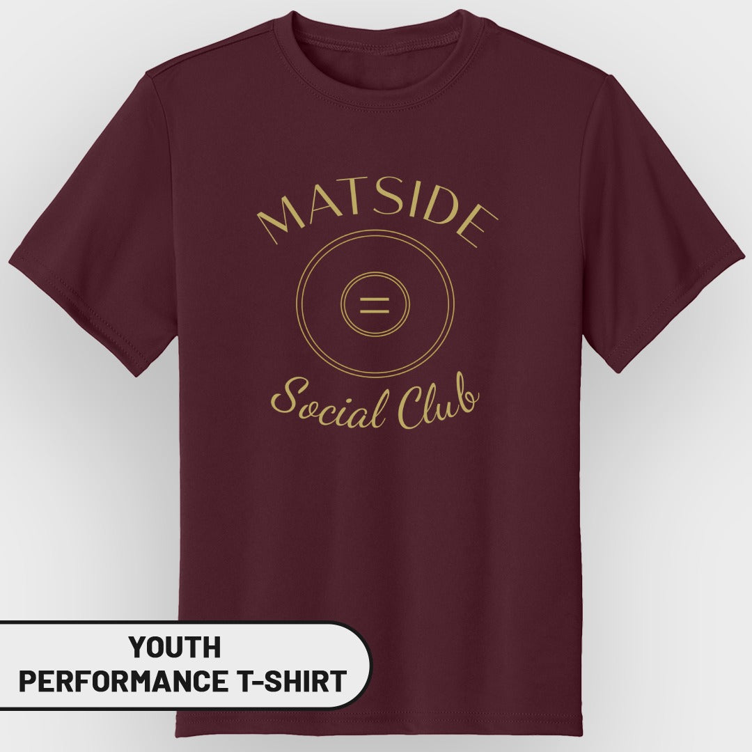 Maroon youth performance t-shirt with "Matside Social Club" and wrestling circle graphic.