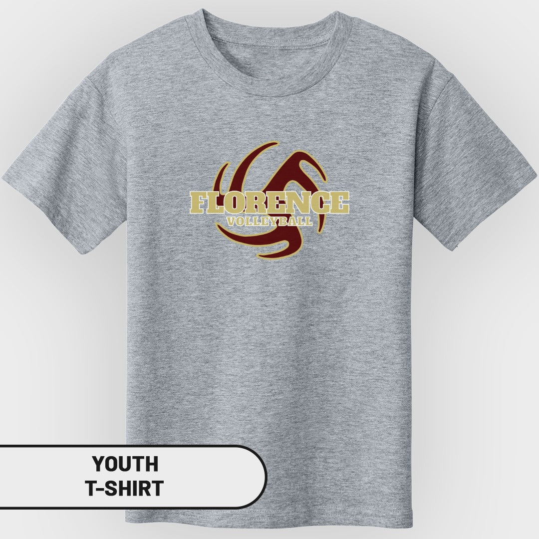 Grey youth t-shirt with a maroon and gold Florence Volleyball logo.