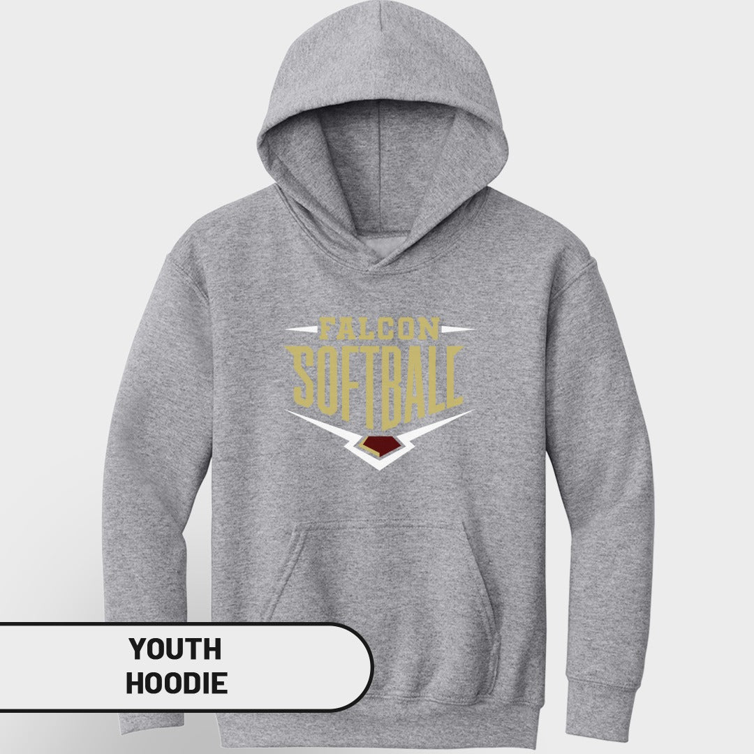 Grey youth hoodie with "FALCON SOFTBALL" graphic on the chest.