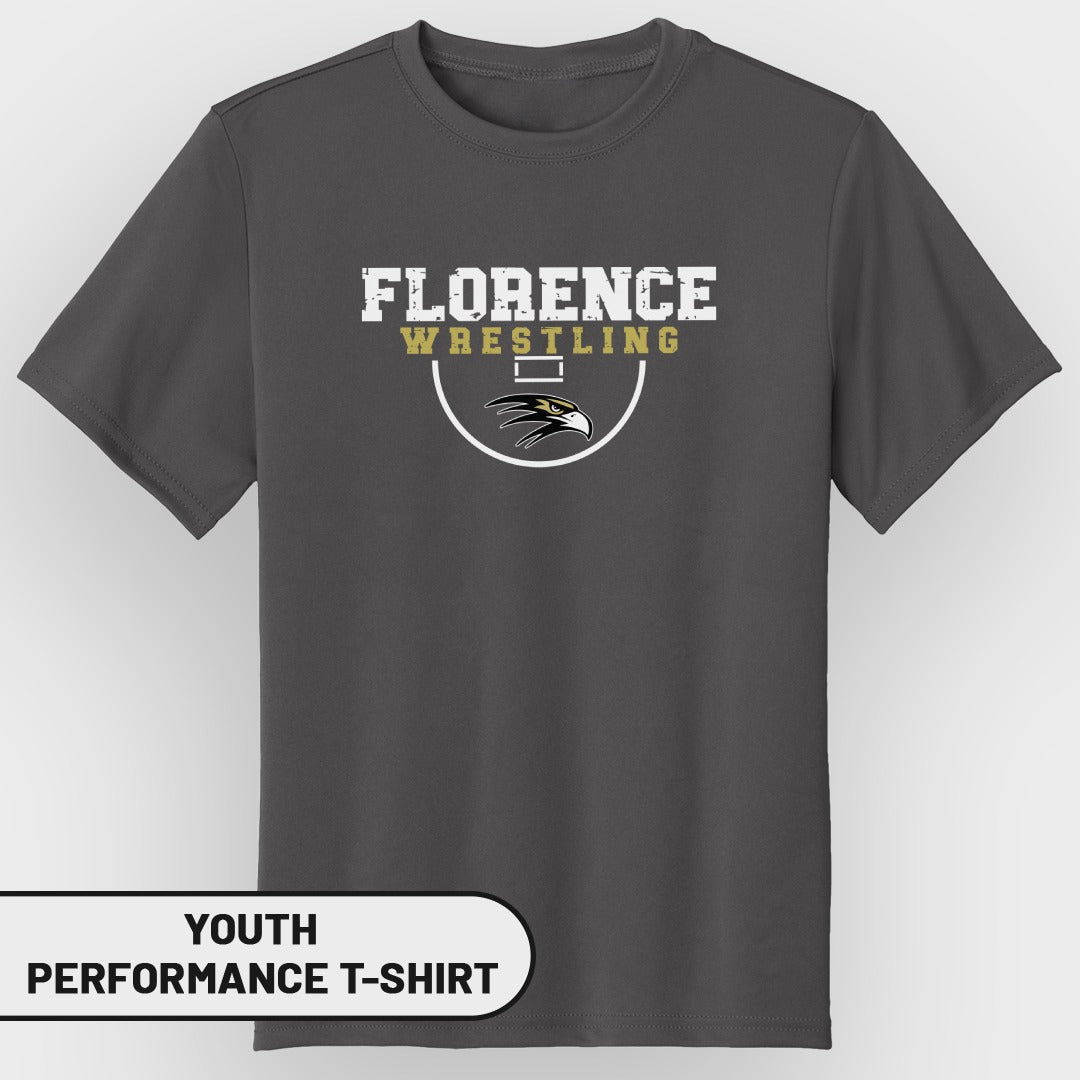 Youth performance t-shirt with Florence Wrestling logo and eagle graphic.