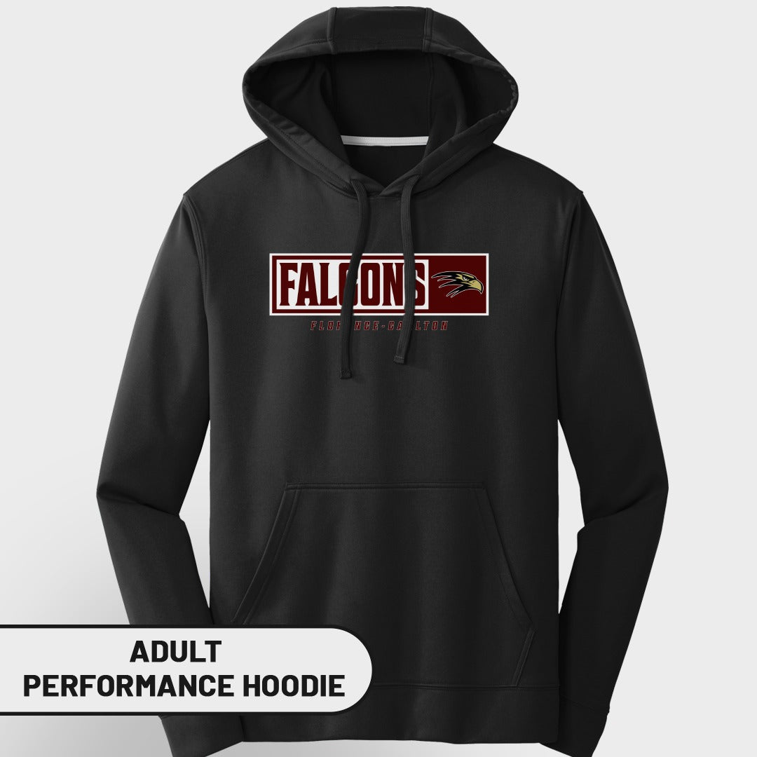 Black adult performance hoodie with "FALCONS" text and bird graphic.