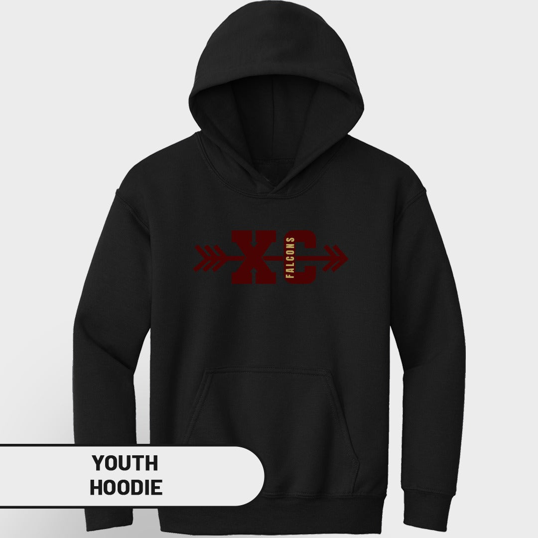 Black youth hoodie with maroon XC and Falcons graphic.