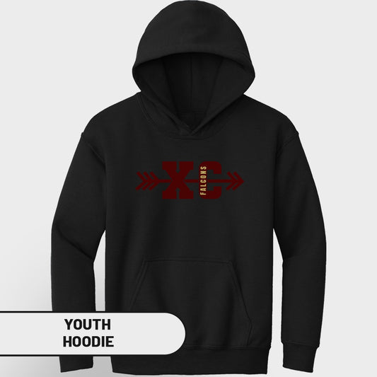 Black youth hoodie with maroon XC and Falcons graphic.