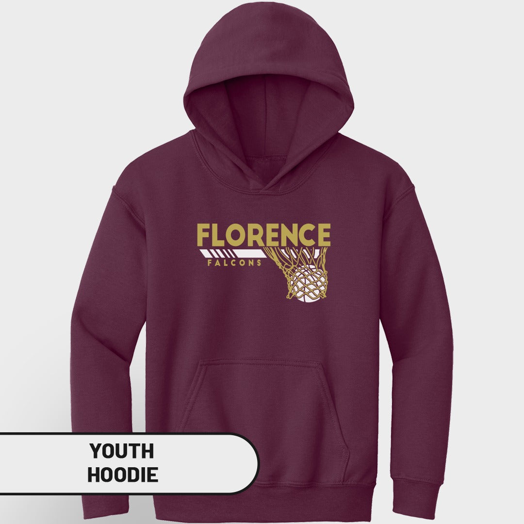 Maroon youth hoodie with "Florence Falcons" basketball graphic and net.