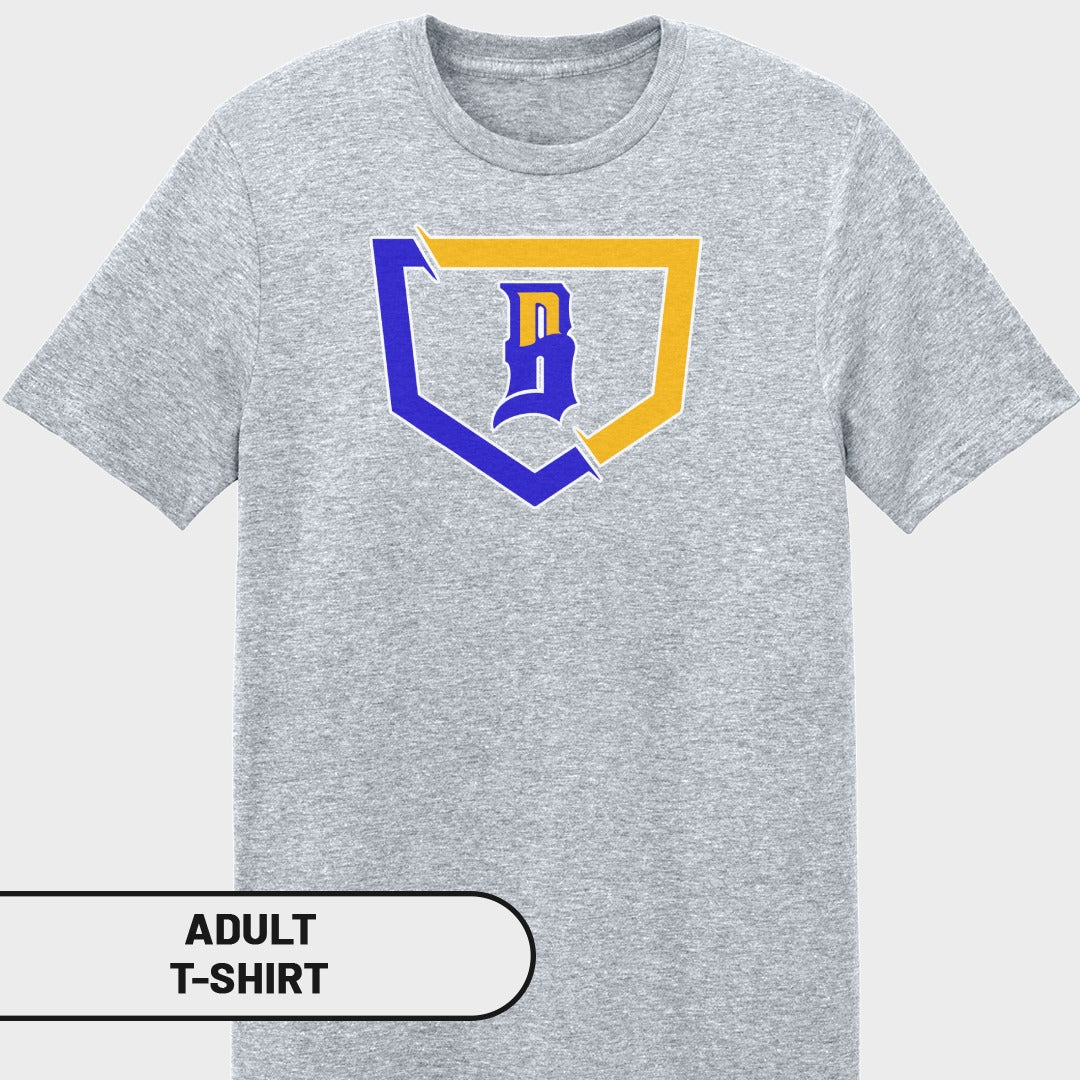Grey adult t-shirt with blue and yellow shield logo featuring a stylized 'B'.