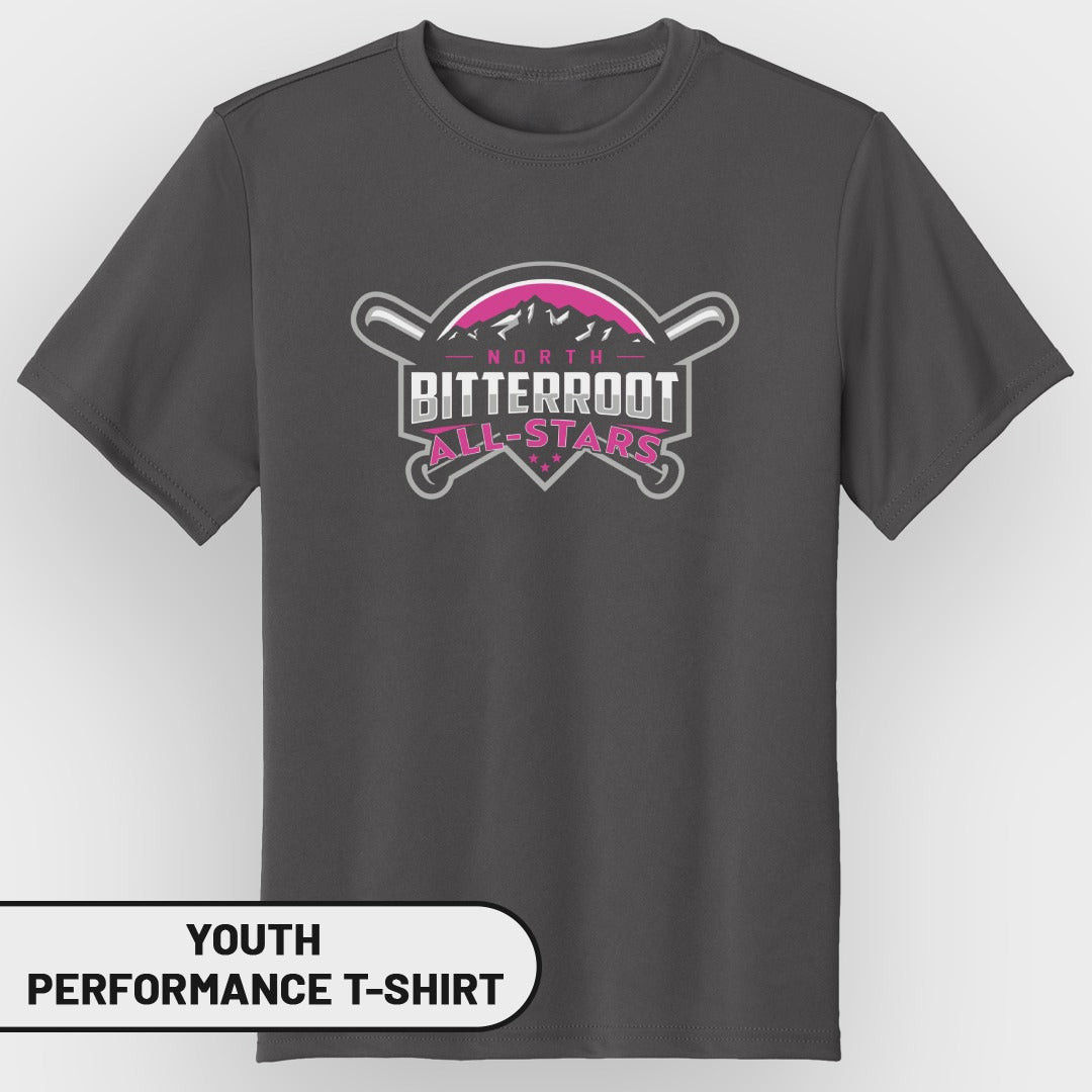 Youth performance t-shirt with "North Bitterroot All-Stars" logo.