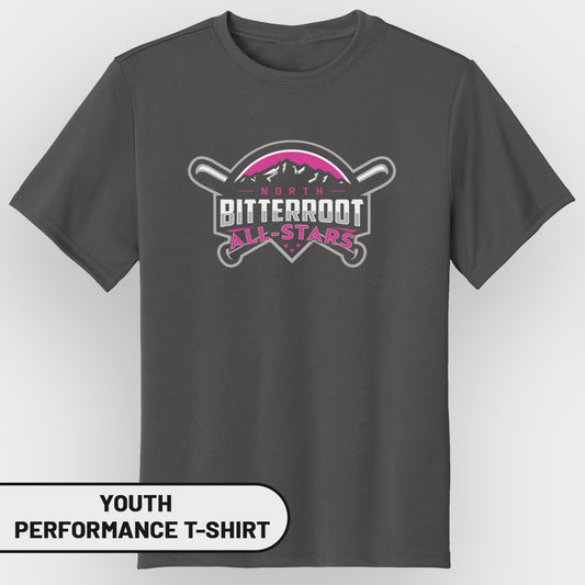 Youth performance t-shirt with "North Bitterroot All-Stars" logo.