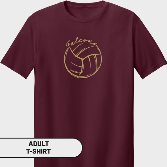 Maroon adult t-shirt with a gold volleyball and "Falcons" text graphic.