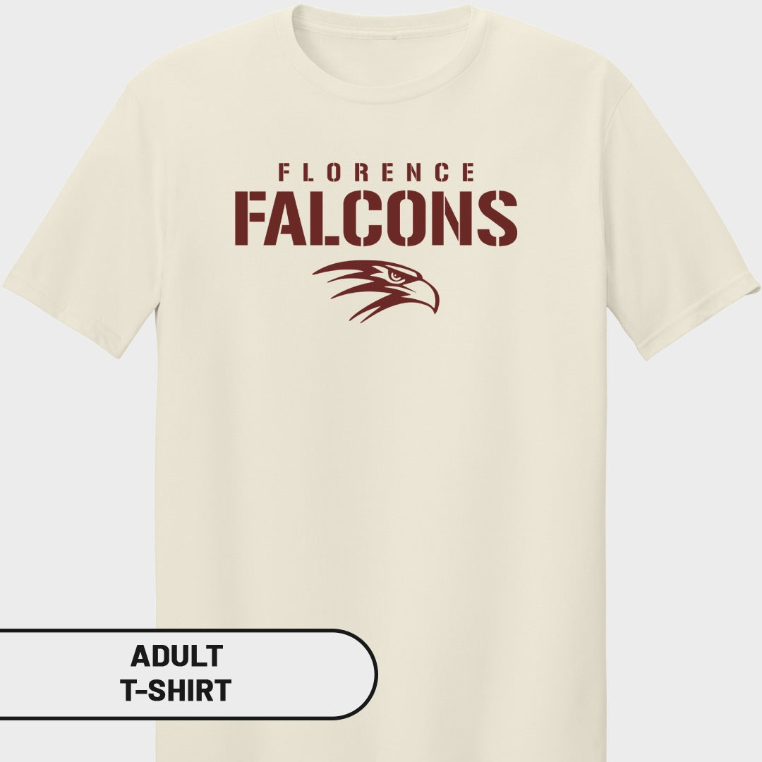 Cream adult t-shirt with "FLORENCE FALCONS" text and a falcon logo.