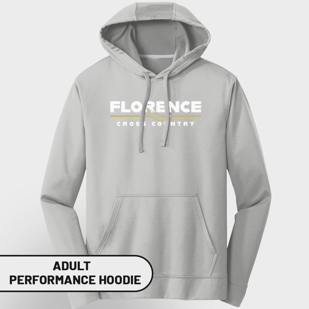 Light gray adult performance hoodie with "FLORENCE CROSS COUNTRY" text and graphic.