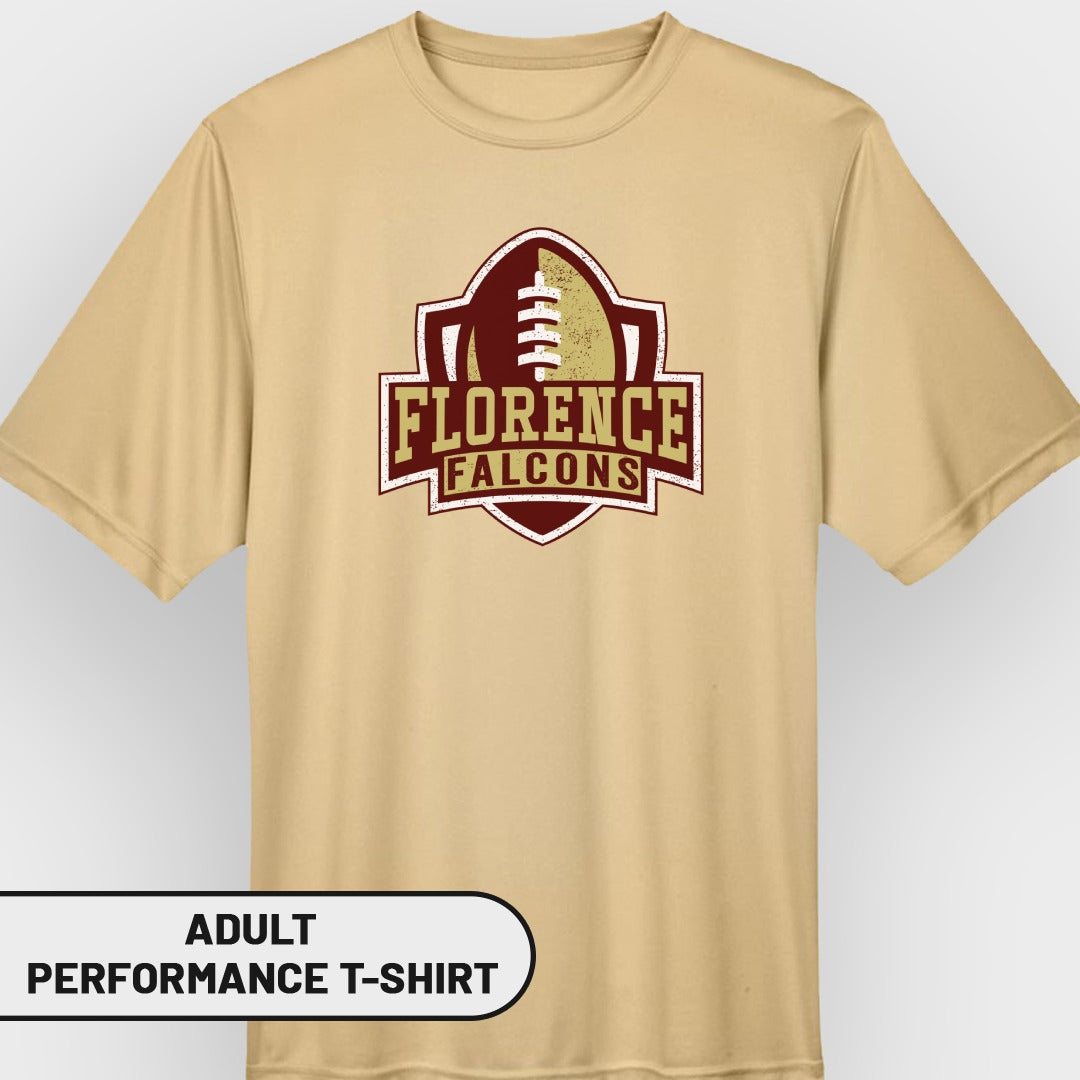 Adult performance t-shirt with Florence Falcons logo on tan fabric.