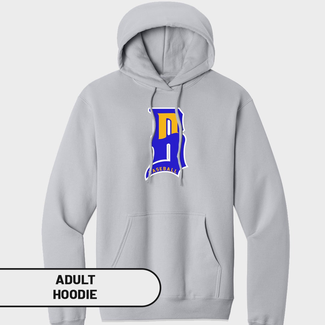 Light gray adult hoodie with blue and yellow "D" logo and "BASEBALL" text.