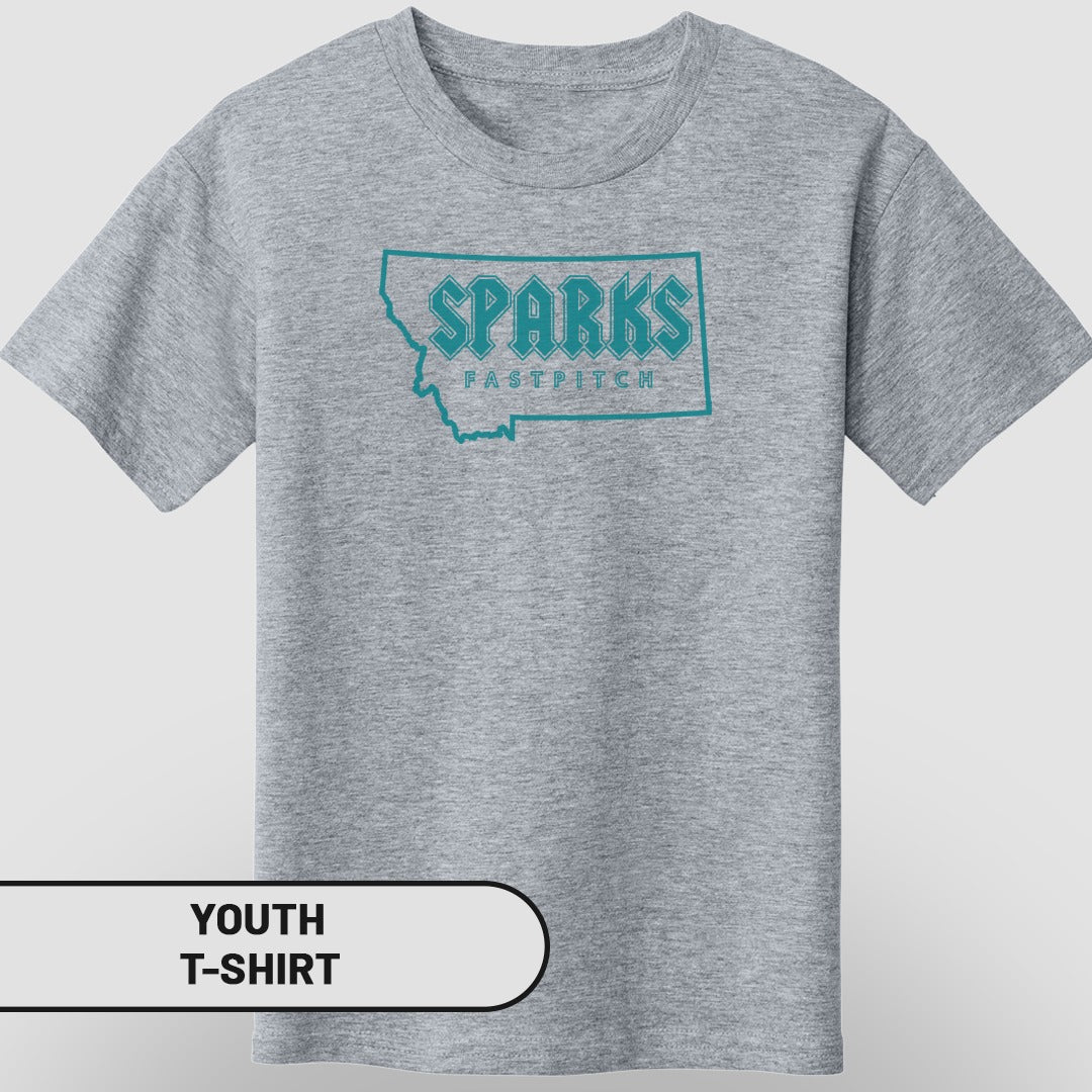 Youth t-shirt with "SPARKS FASTPITCH" in turquoise text on a Montana outline.