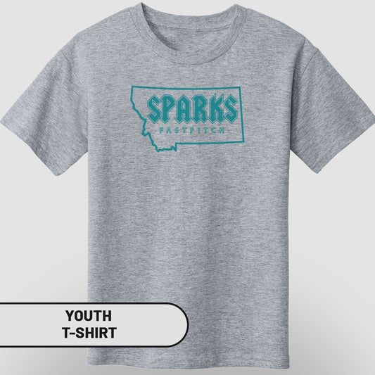 Youth t-shirt with "SPARKS FASTPITCH" in turquoise text on a Montana outline.