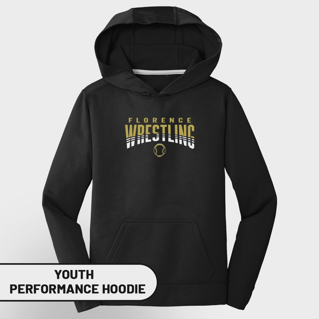 Black youth performance hoodie with "Florence Wrestling" and wrestling graphic.