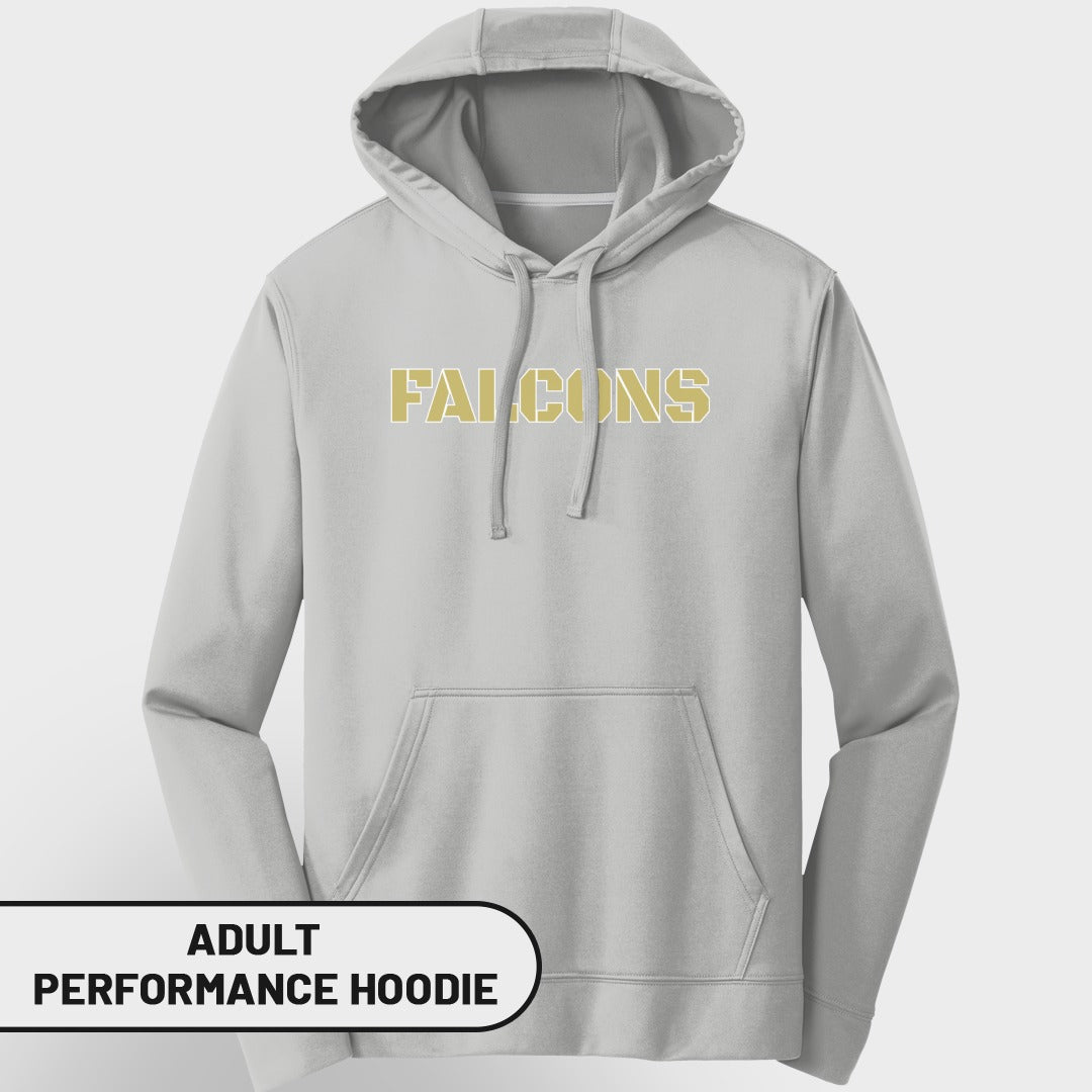 Light gray adult performance hoodie with "FALCONS" text in gold.